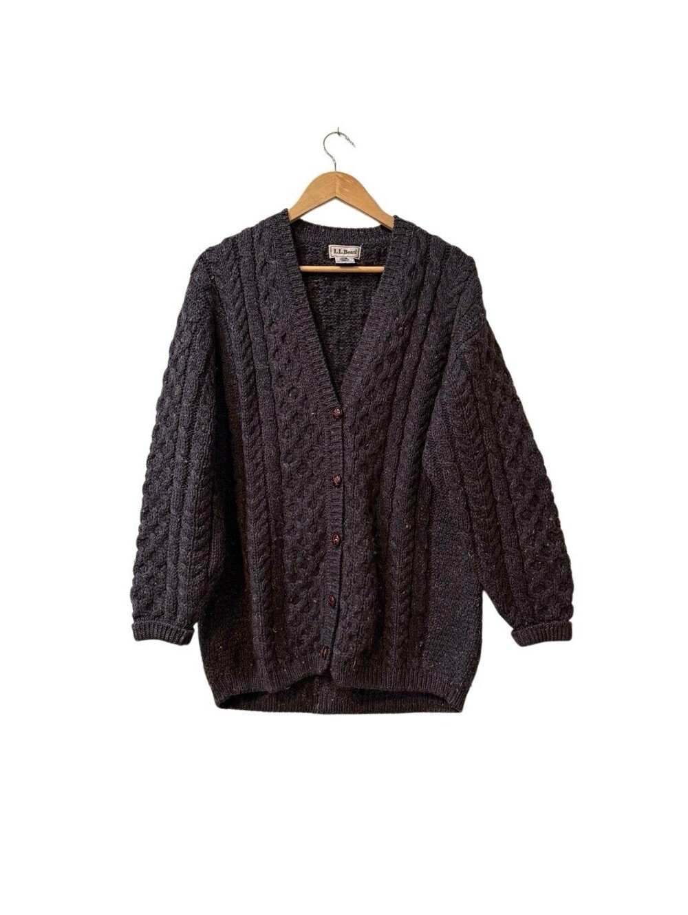 LL Bean 100% Wool Cable Knit Cardigan Medium Made in Ireland Vintage Unisex